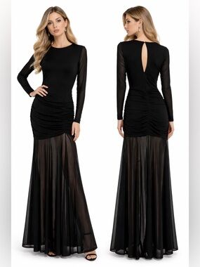 Lulus Vibrant Poise Black Mesh Ruched Maxi Dress Long Sleeve Sheer Hem Bodycon